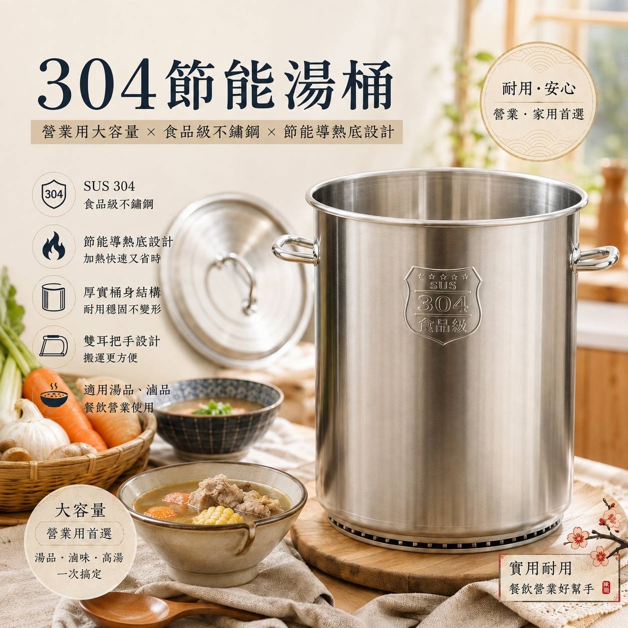304節能湯桶｜食品級不鏽鋼湯桶｜營業用大容量高湯桶｜滷味桶・煮湯桶｜節能導熱底商用湯鍋｜35・40・45・50・60cm