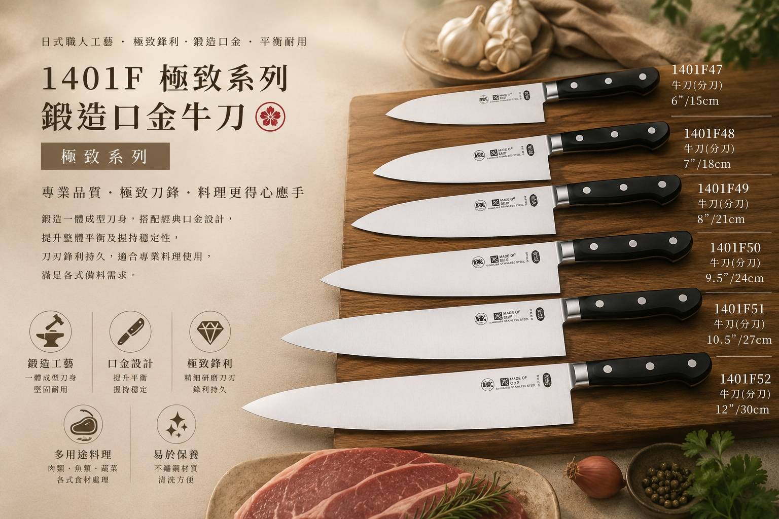 1401F 極致系列 鍛造口金牛刀 15cm～30cm 六種尺寸｜專業牛刀・分刀 肉類分切｜魚類處理｜蔬果切配｜餐飲專業廚刀