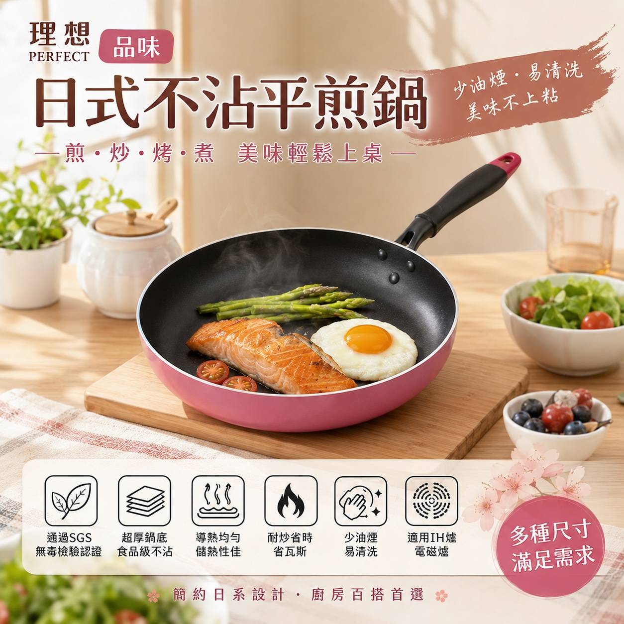 PERFECT 理想 品味日式不沾平煎鍋｜不沾平底鍋｜IH電磁爐適用｜20-32cm｜台灣製造