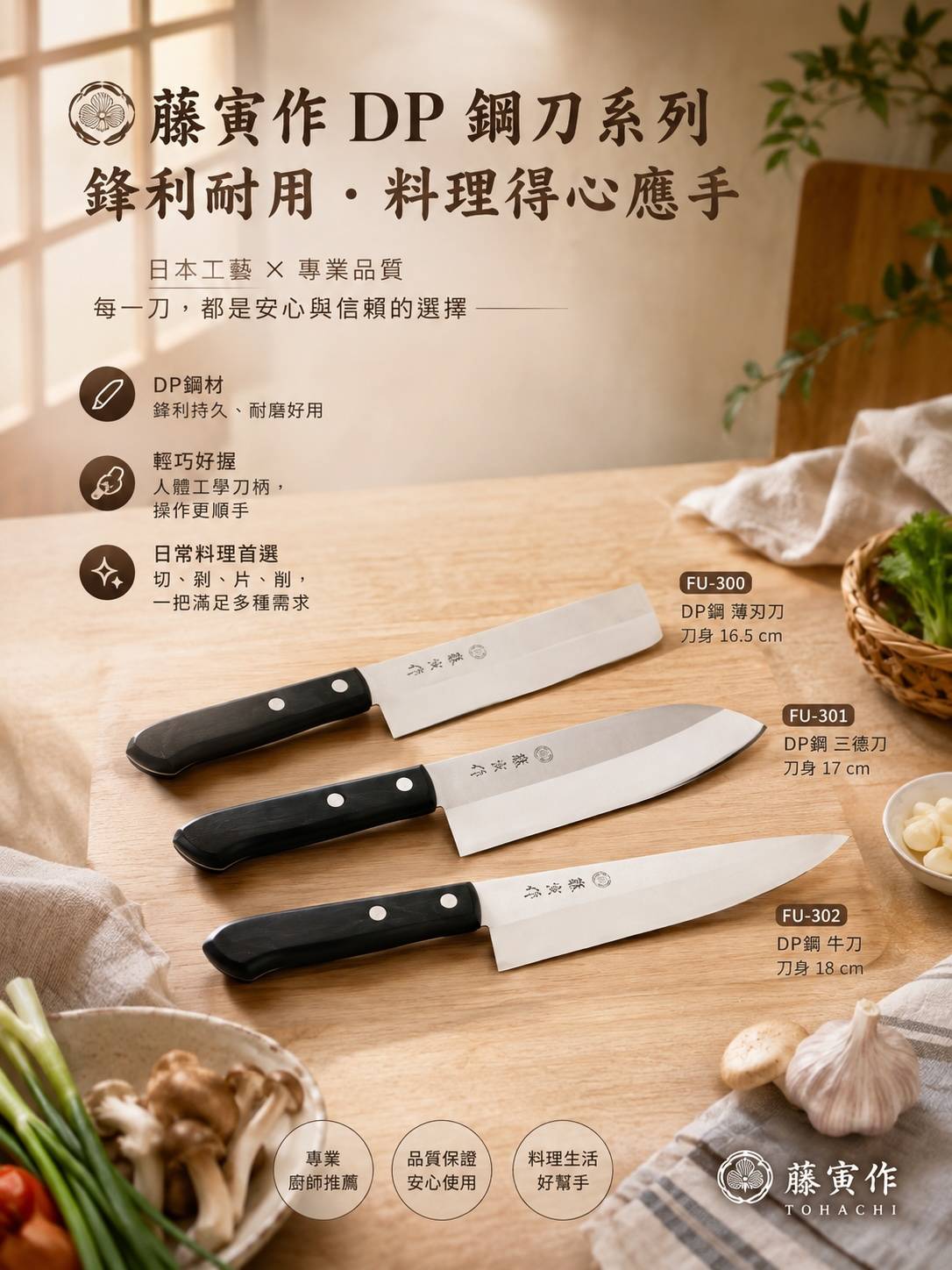 藤寅作 DP鋼刀系列｜日本製菜刀｜薄刃刀・三德刀・牛刀｜專業料理刀・廚師刀｜FU-300・FU-301・FU-302