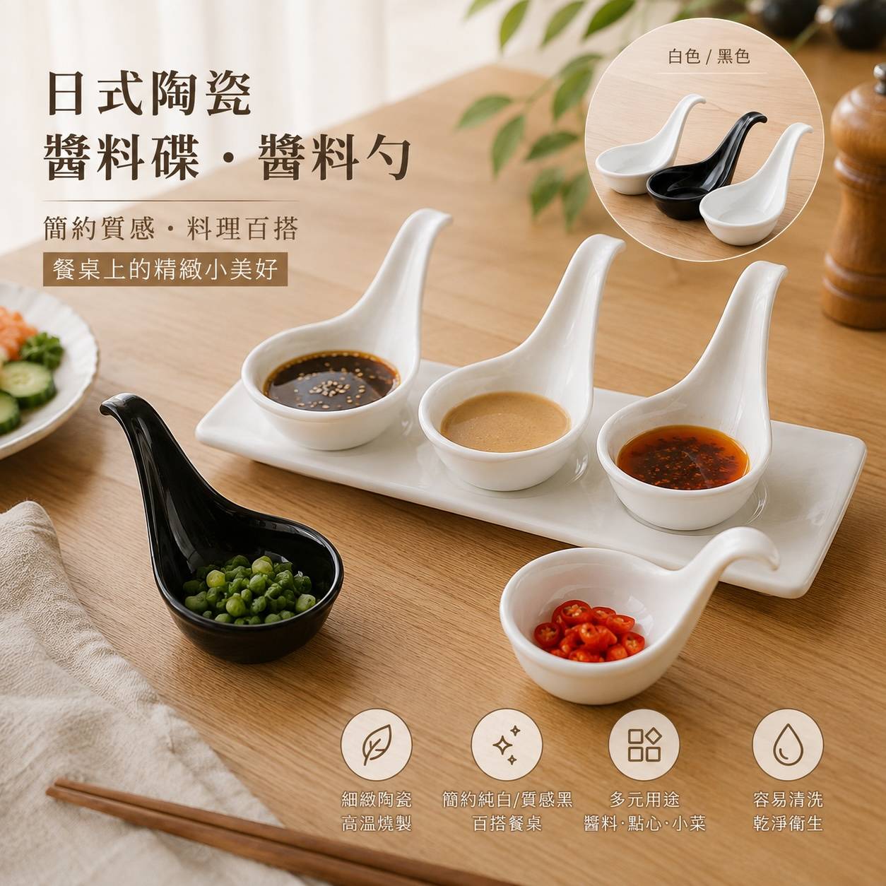 136-2立式湯匙黑／白｜136-2-11長方三格盤｜陶瓷醬料匙・三格沾醬盤・火鍋醬料碟・餐廳擺盤餐具 