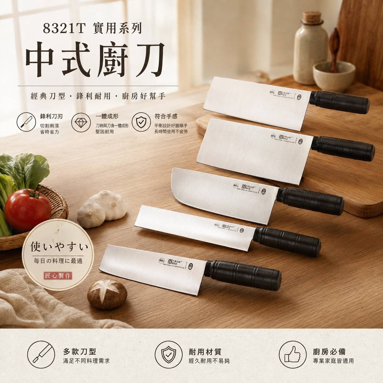 8321T 實用系列中式廚刀｜萬用料理刀・片鴨刀・上海式片刀・文武刀・九江刀｜餐廳營業用菜刀
