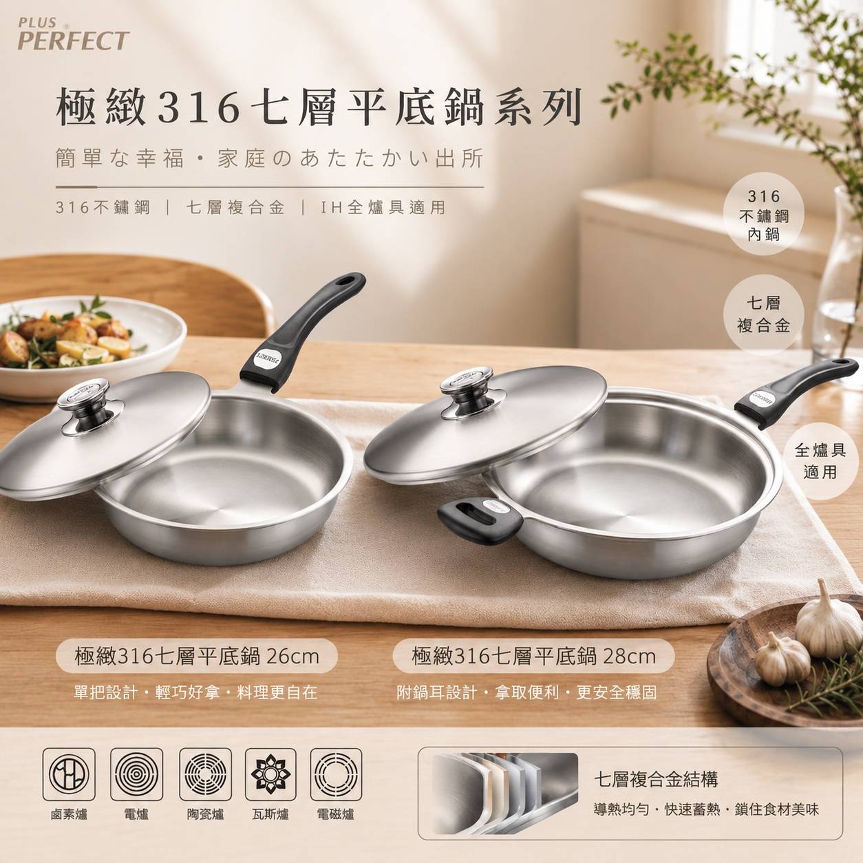 PLUS PERFECT 極緻316七層平底鍋｜316不鏽鋼平底鍋｜IH電磁爐平底鍋｜七層複合金炒鍋｜台灣製