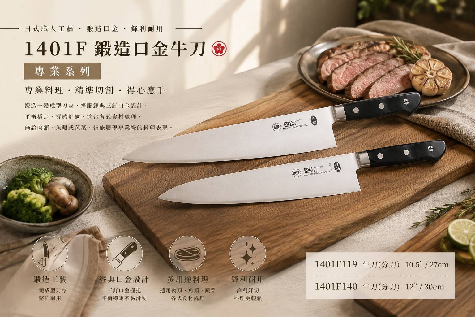 1401F 鍛造口金牛刀 專業系列 27cm・30cm 專業牛刀／分刀 肉類分切｜魚類處理｜蔬果切配｜餐飲專業廚刀