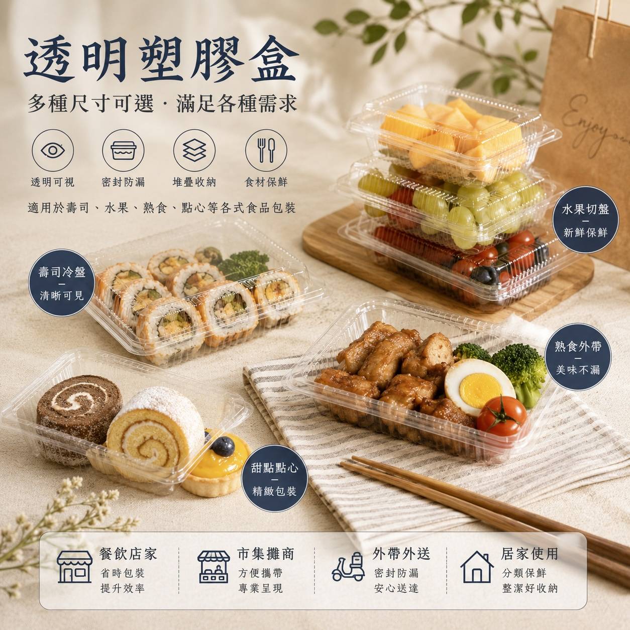 透明食品盒｜透明塑膠外帶盒｜壽司盒・水果盒・點心盒｜1H・2H・3H・5H・6H・8H｜100入