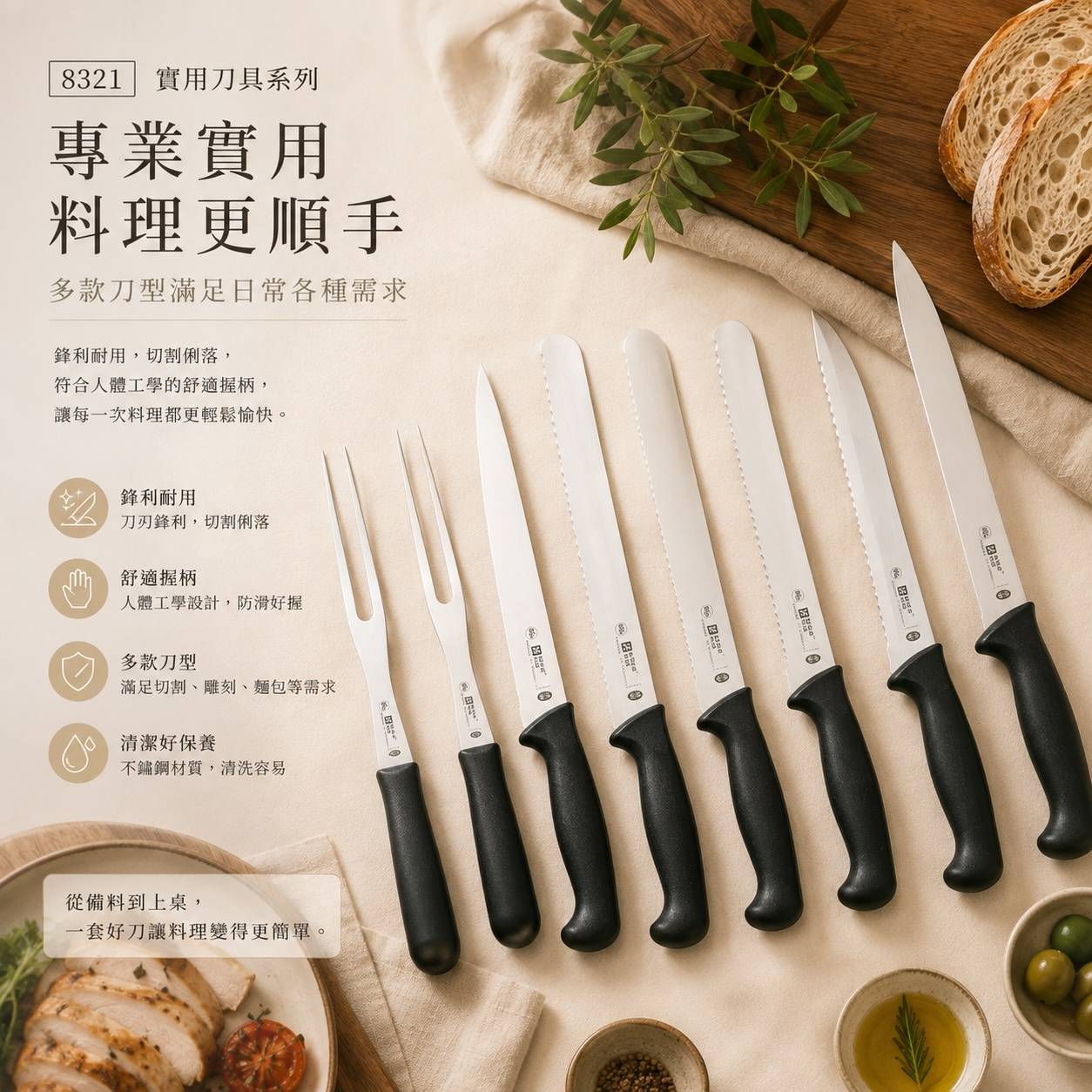 8321 實用刀具系列｜專業料理刀具｜切片刀｜麵包刀｜彎切叉｜直切叉｜營業用廚房刀具