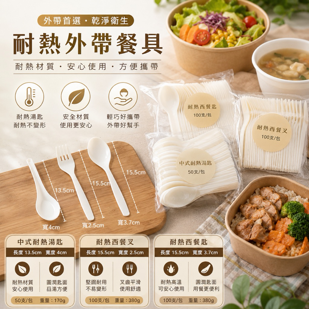 耐熱外帶餐具 中式湯匙・西餐匙・西餐叉 PP材質｜耐熱120°C｜餐飲外帶適用