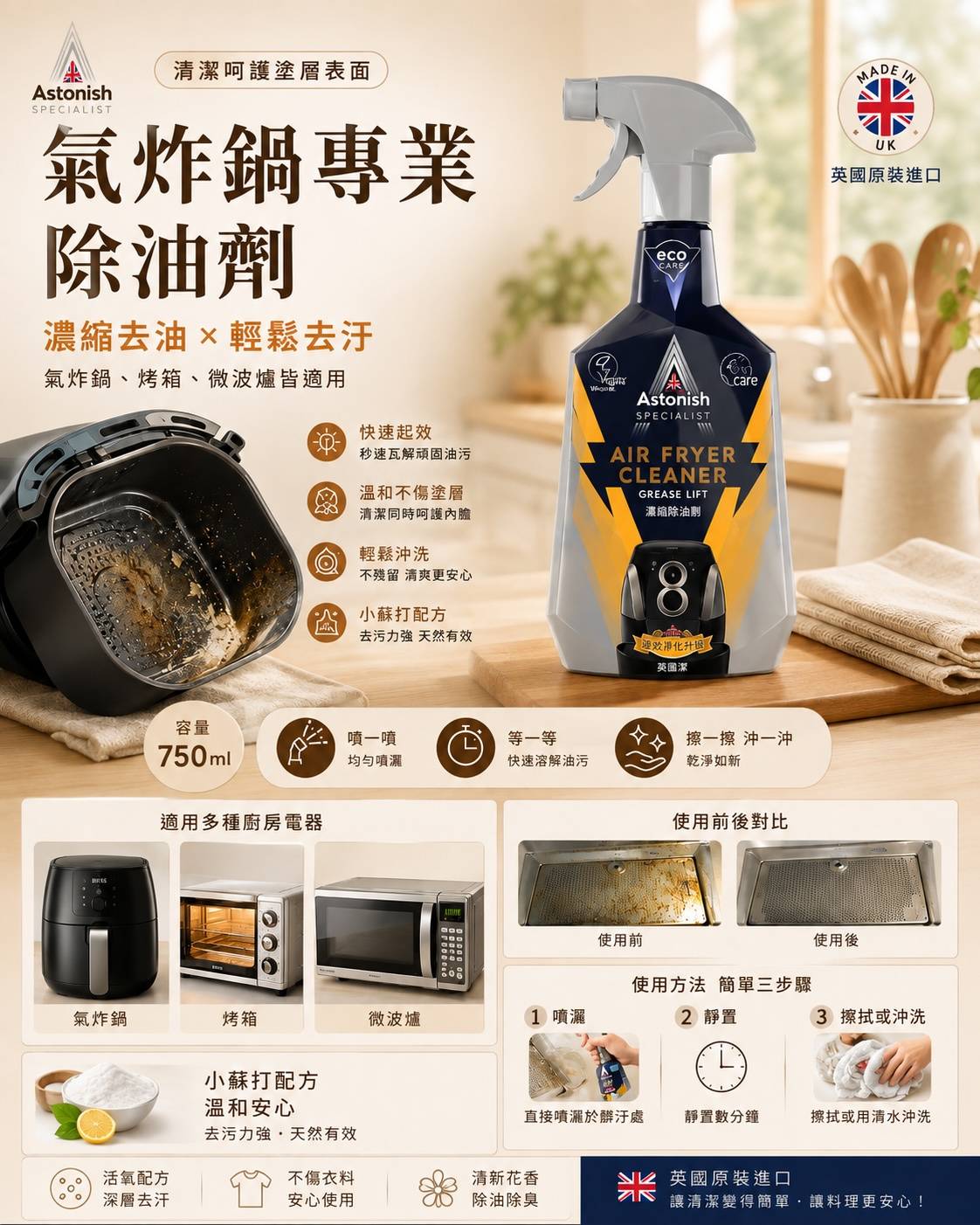 Astonish 英國潔 氣炸鍋專業除油劑｜英國原裝進口｜氣炸鍋清潔劑｜烤箱清潔劑｜微波爐除油｜750ml