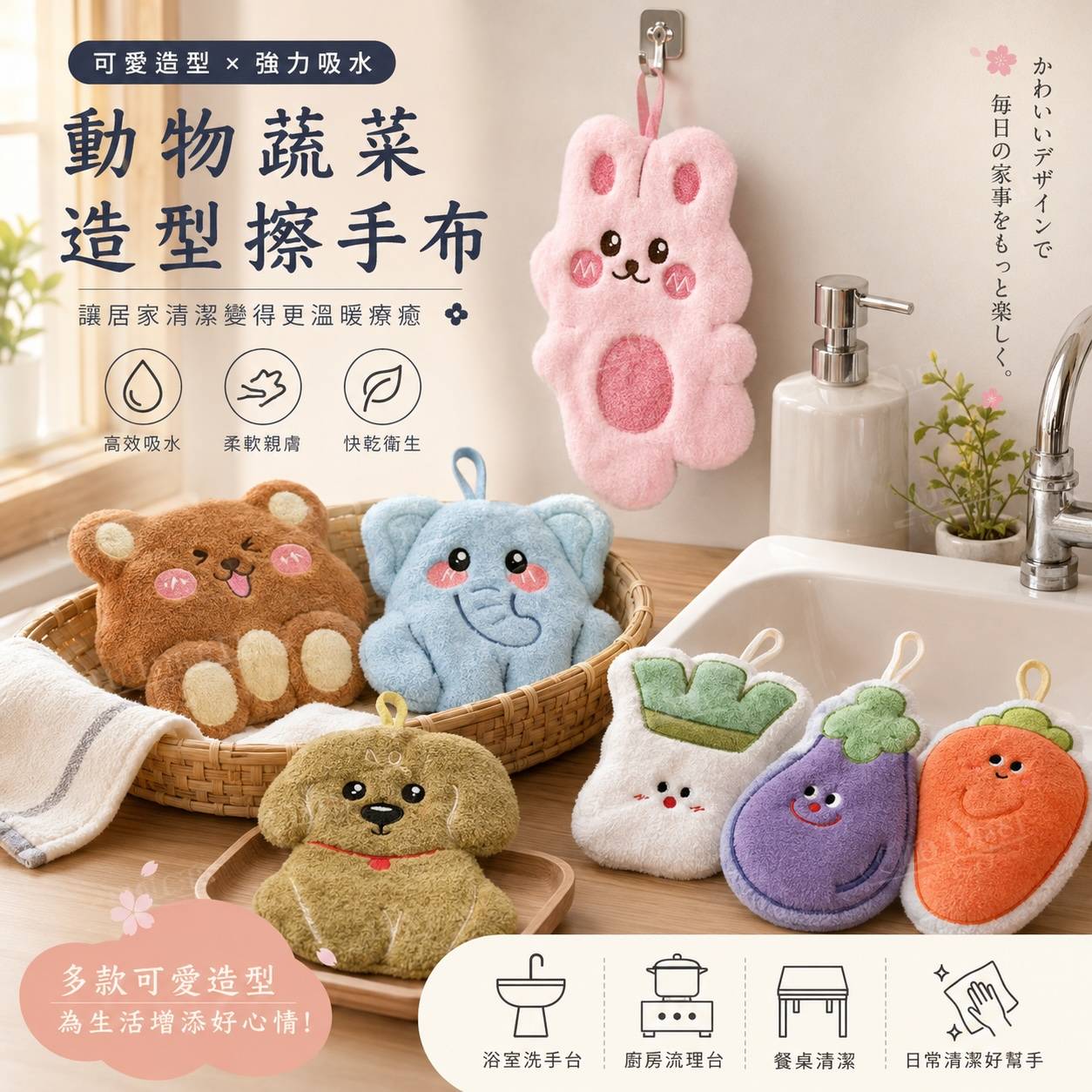 動物蔬菜造型擦手布｜珊瑚絨吸水擦手巾｜掛式廚房浴室擦手布｜可愛居家清潔用品