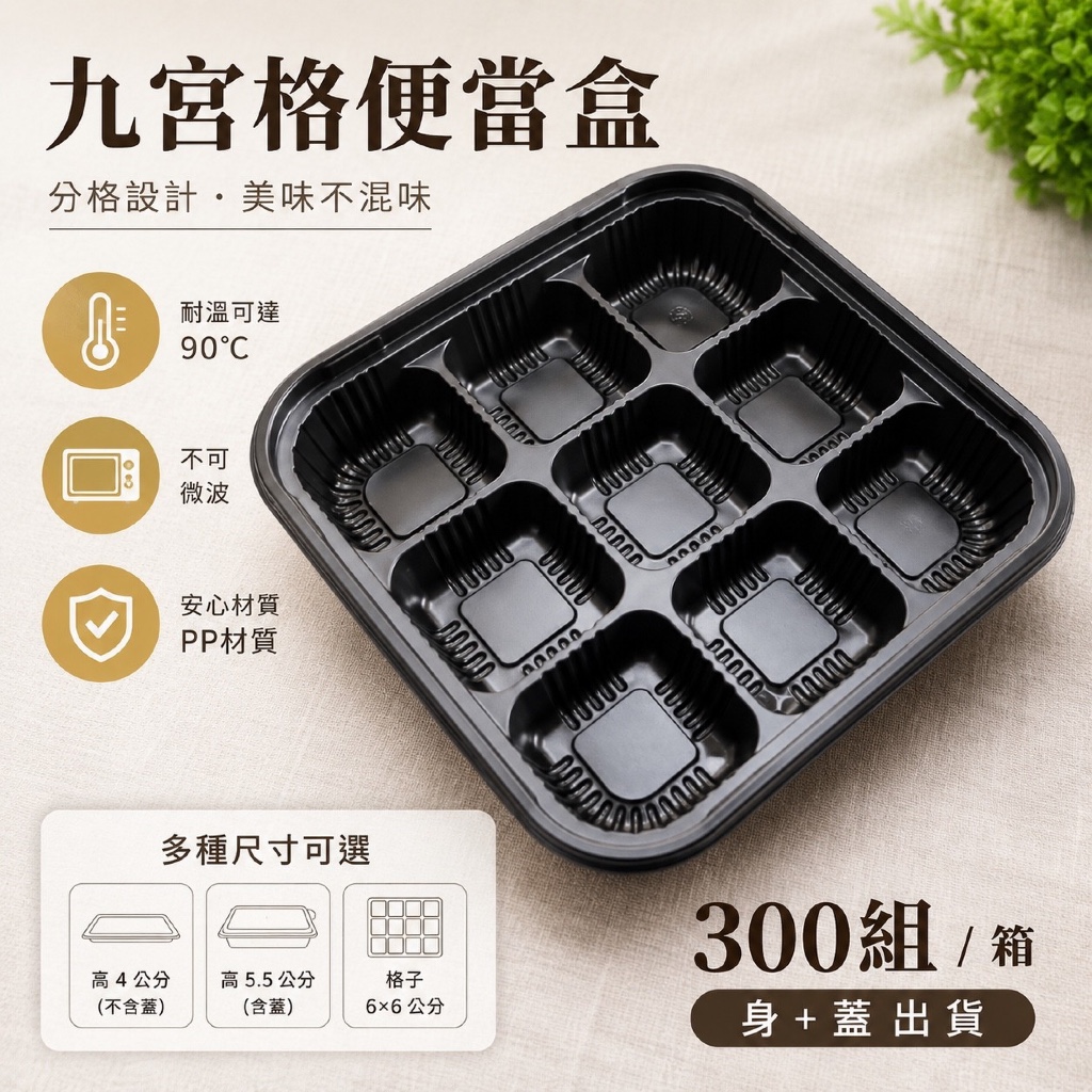 九宮格便當盒｜九格分格外帶餐盒 黑色PP餐盒＋透明內坎式上蓋｜21×21cm 點心盒・冷盤盒・餐飲外帶盒