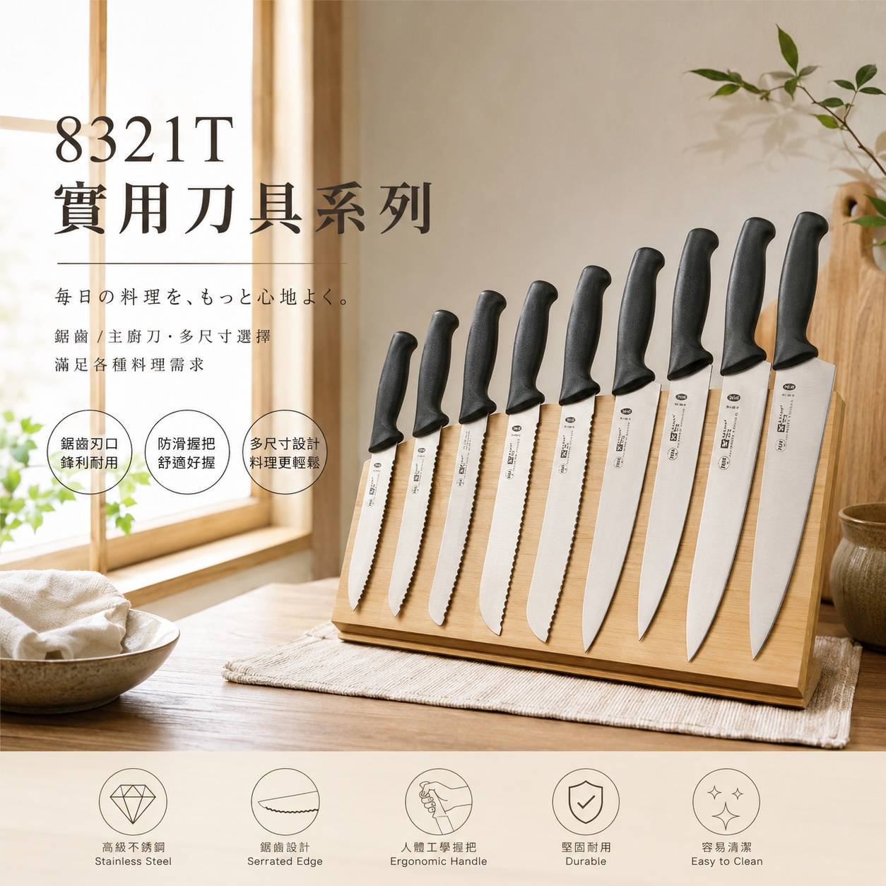 8321T 實用刀具系列 有鋸齒主廚刀／寬主廚刀／主廚刀 多尺寸專業料理刀具｜餐廳・家庭廚房適用