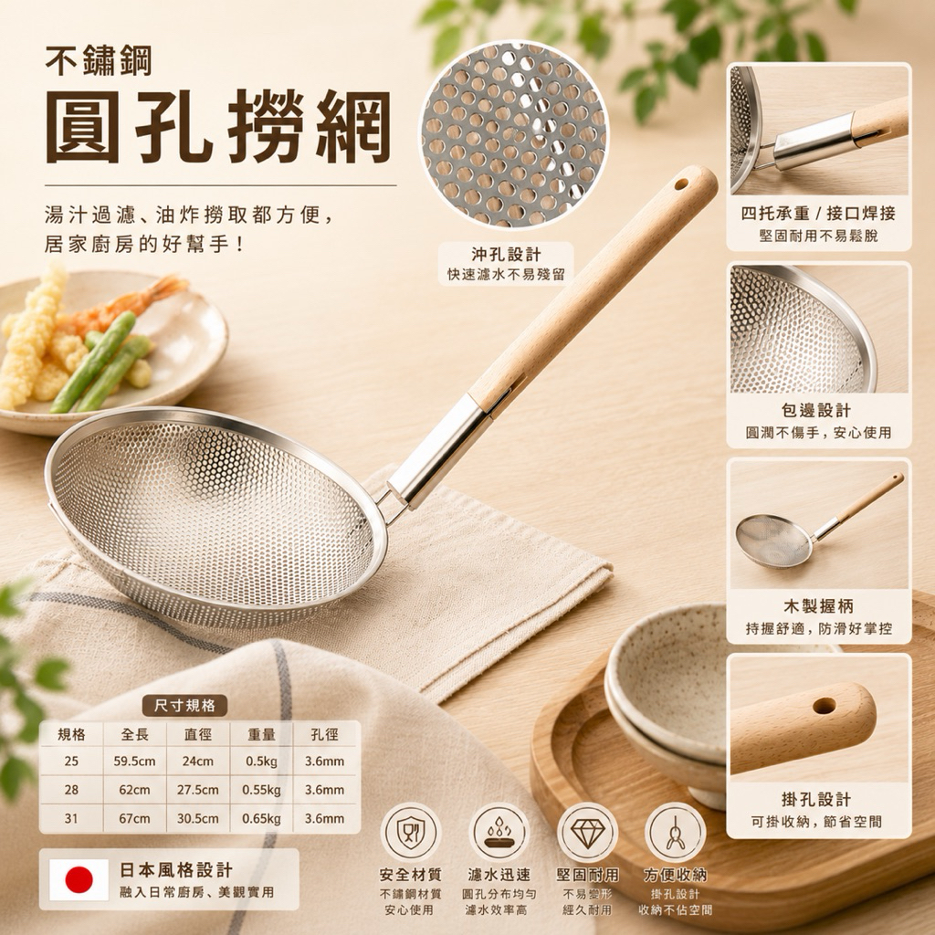 不鏽鋼撈網 木柄撈網 沖孔撈網 高湯撈網 沖孔撈網 沖孔網 瀝油 濾網 撈炸物 撈滷味