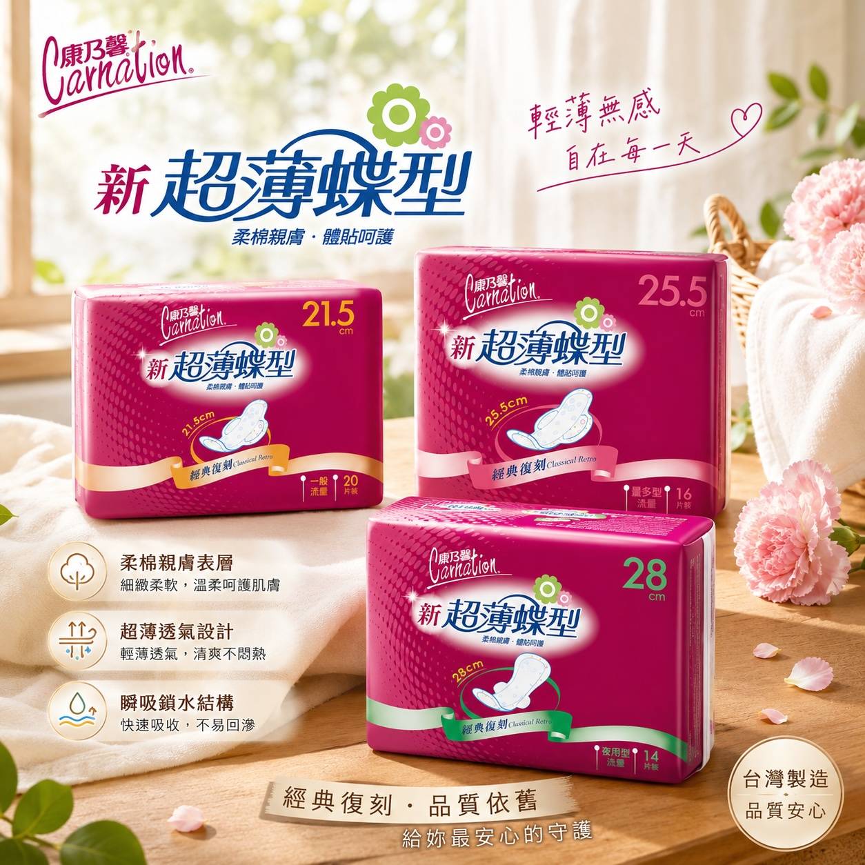 康乃馨 新超薄蝶型衛生棉｜21.5cm／25.5cm／28cm 超薄透氣