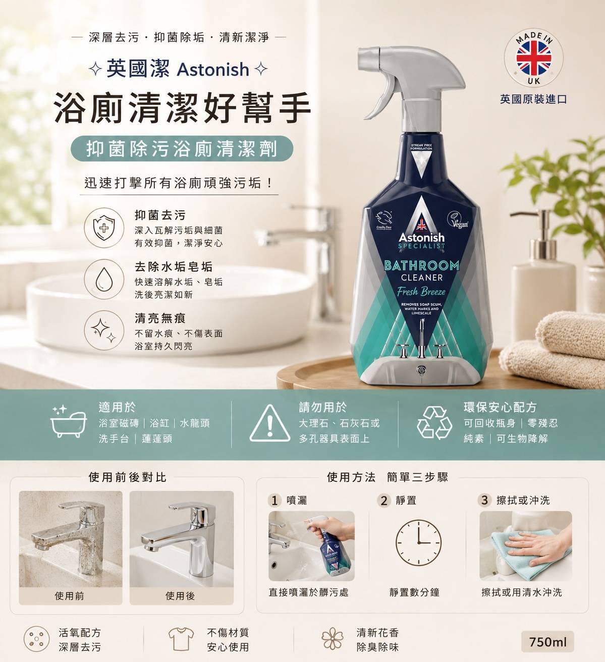 Astonish 英國潔 浴廁清潔劑｜英國原裝進口｜浴室清潔劑｜抑菌除污｜水垢清潔｜浴缸磁磚清潔｜750ml