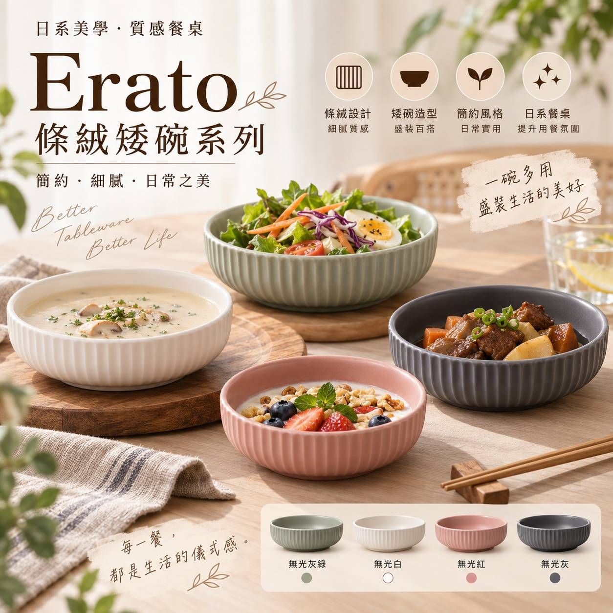 Erato 日系條絨矮碗 霧面陶瓷・細緻條絨・質感餐桌 3.25 / 4.25 / 5.25 / 6.5寸｜四色可選