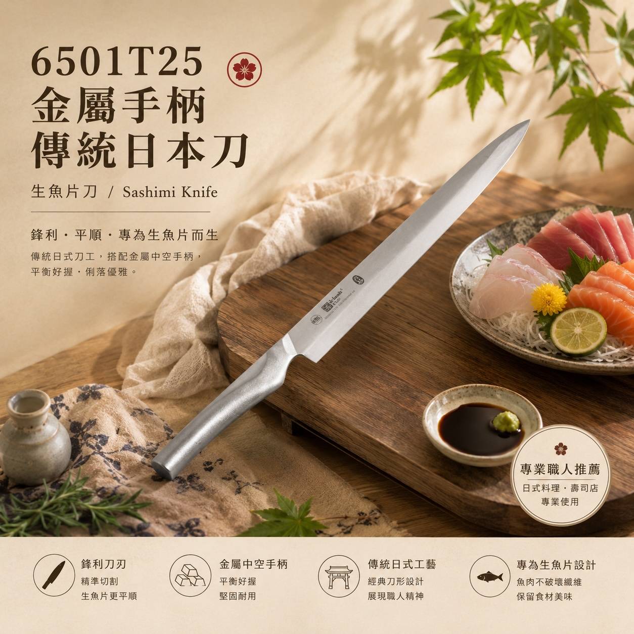 6501T25 金屬手柄傳統日本刀 27cm 生魚片刀｜Sashimi Knife 刺身切片・魚料理・日式料理專用刀具