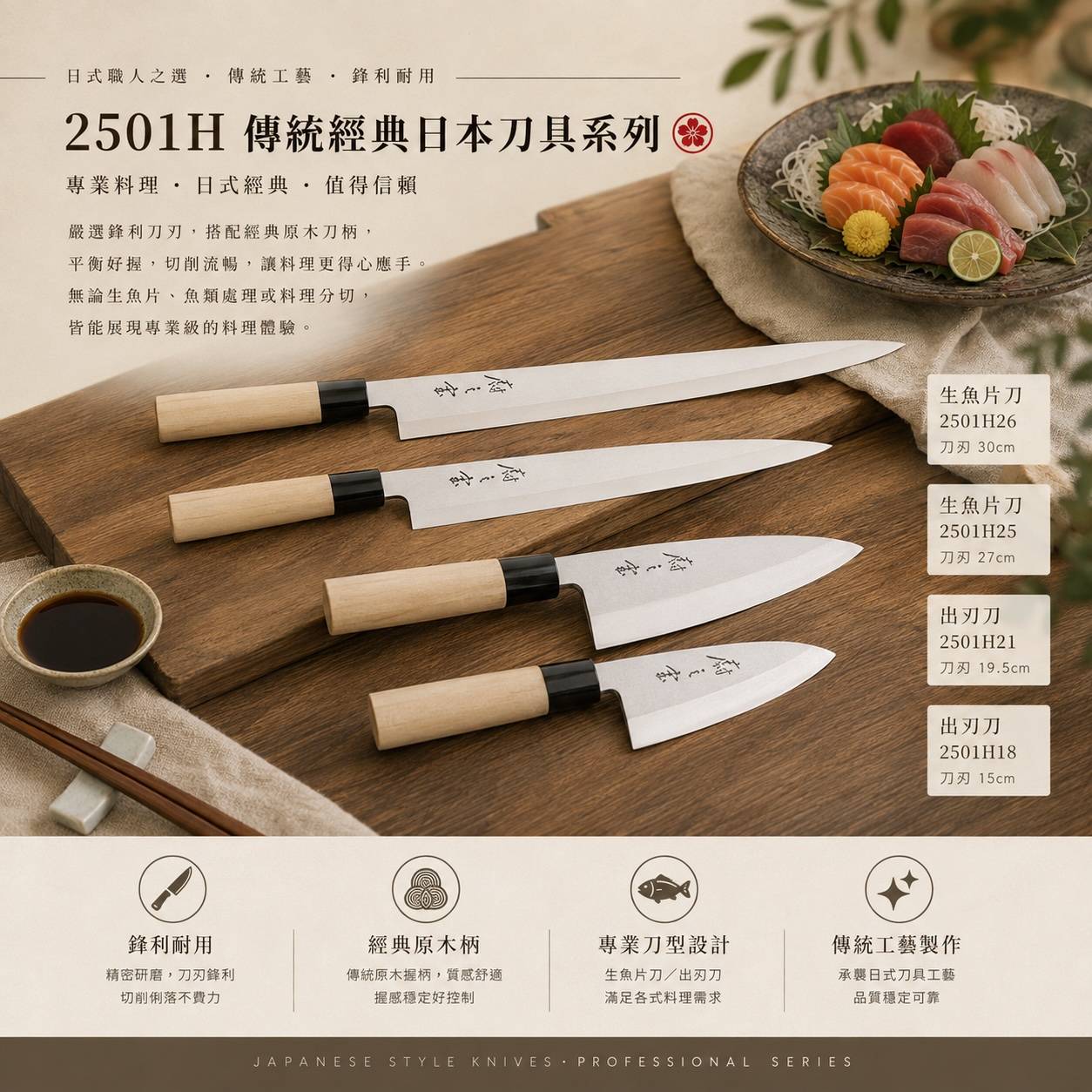 2501H 傳統專業日本刀系列 生魚片刀・出刃刀｜多尺寸專業刀型 刺身切片｜魚類分切｜日式料理專業廚刀