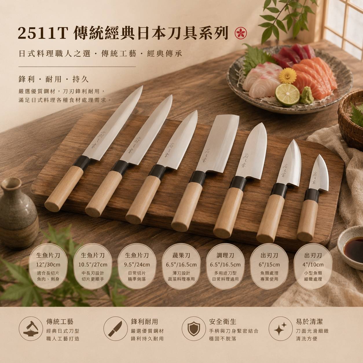 2511T 傳統經典日本刀具系列 生魚片刀・蔬果刀・調理刀・出刃刀 刺身切片｜蔬果料理｜魚類處理｜日式料理刀具