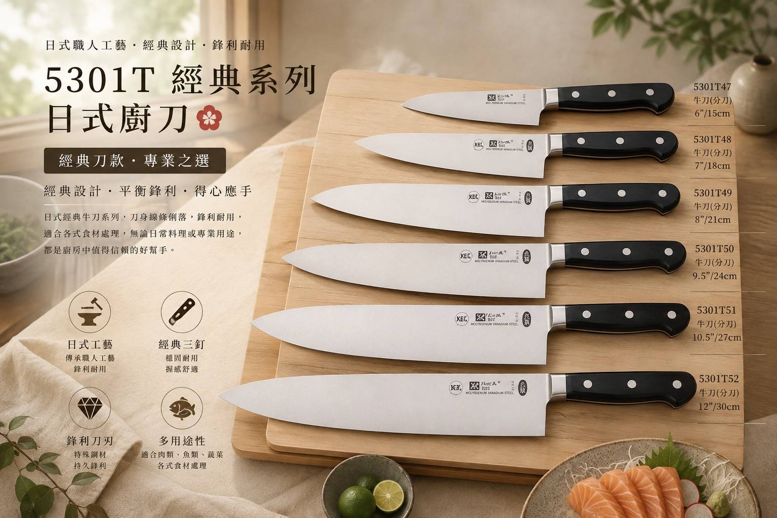 5301T 經典刀具系列 牛刀（分刀） 15cm・18cm・21cm・24cm・27cm・30cm 六種尺寸 肉類分切｜魚類處理｜蔬果切配｜專業餐飲廚刀