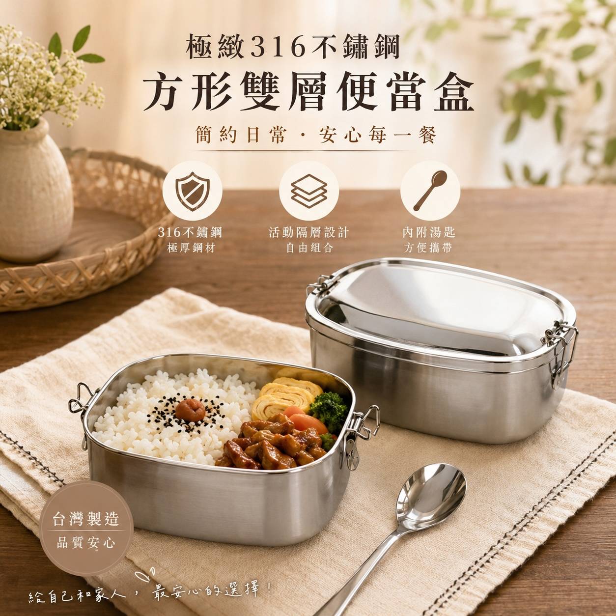 PERFECT理想 極緻316方形雙層便當盒16cm｜316不鏽鋼便當盒・雙層餐盒・活動隔層・附湯匙・台灣製
