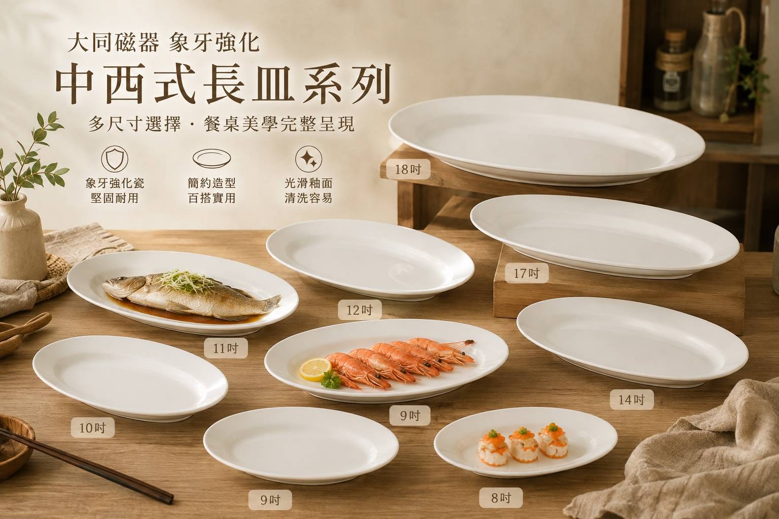 大同磁器 象牙強化長皿｜中西式長盤｜橢圓盤｜魚盤｜料理盤｜餐廳用瓷盤｜8吋 9吋 10吋 11吋 12吋 14吋 17吋 18吋 多尺寸