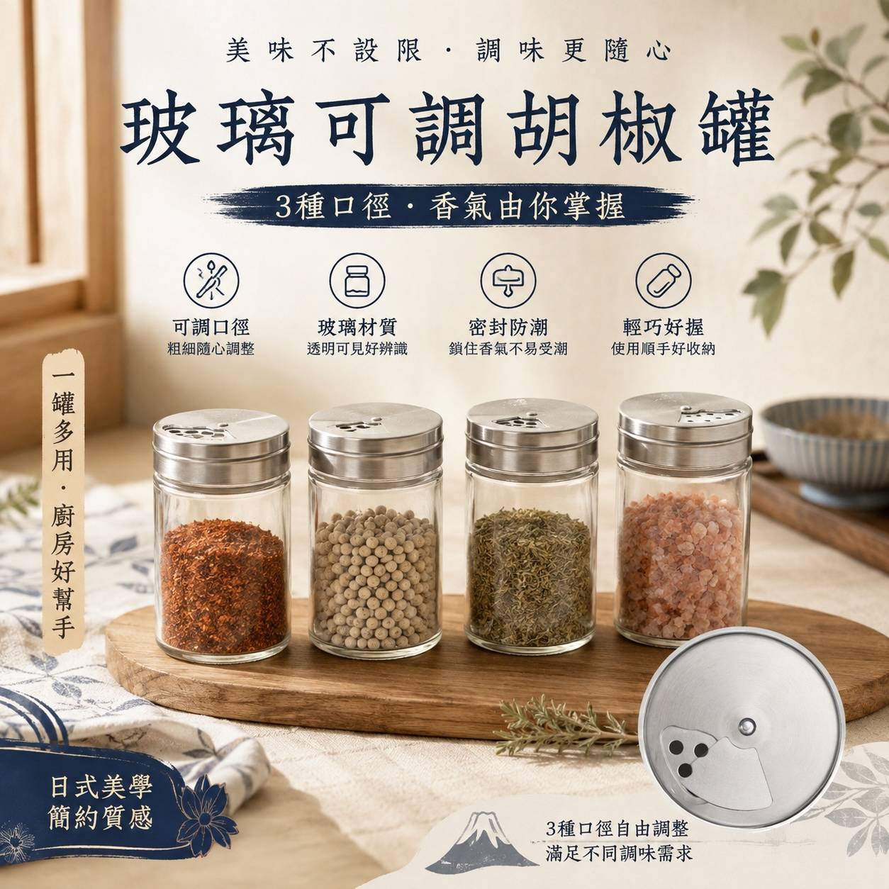 玻璃可調胡椒罐｜3種孔徑粗中細可調｜旋轉調味罐｜玻璃調味瓶｜胡椒粉・鹽・香料・辣椒粉適用