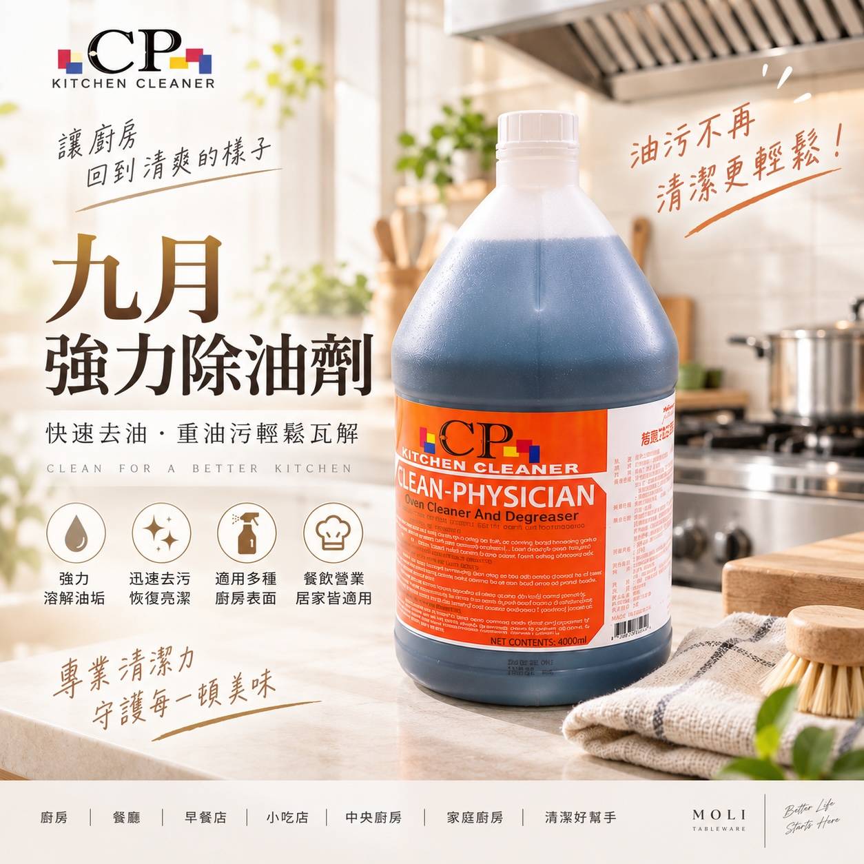 九月超強力油脂溶解劑 4000ml 強力除油劑 廚房重油污清潔｜營業用大容量  餐廳廚房・抽油煙設備・爐台油污清潔好幫手