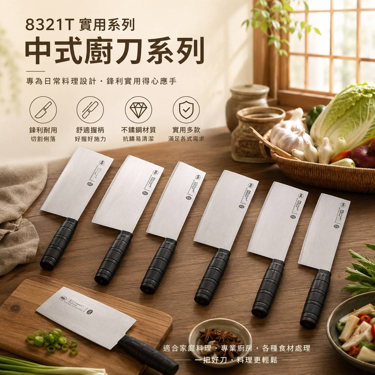 8321T 實用系列中式廚刀 西式骨刀・二號骨刀・三號片刀・文武刀・剁刀・拍皮刀 餐廳廚房｜中餐料理｜專業備料刀具