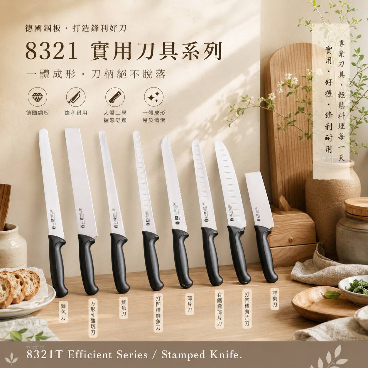 8321 實用刀具系列｜專業料理刀具｜德國鋼板｜一體成形刀柄｜麵包刀・鮭魚刀・薄片刀・三德刀・蔬果刀